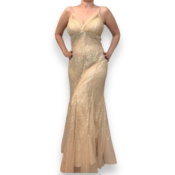 Teri Jon by Rickie Freeman heavily sequinned mermaid style gown, honey beige, 6 - Picture 2 of 16